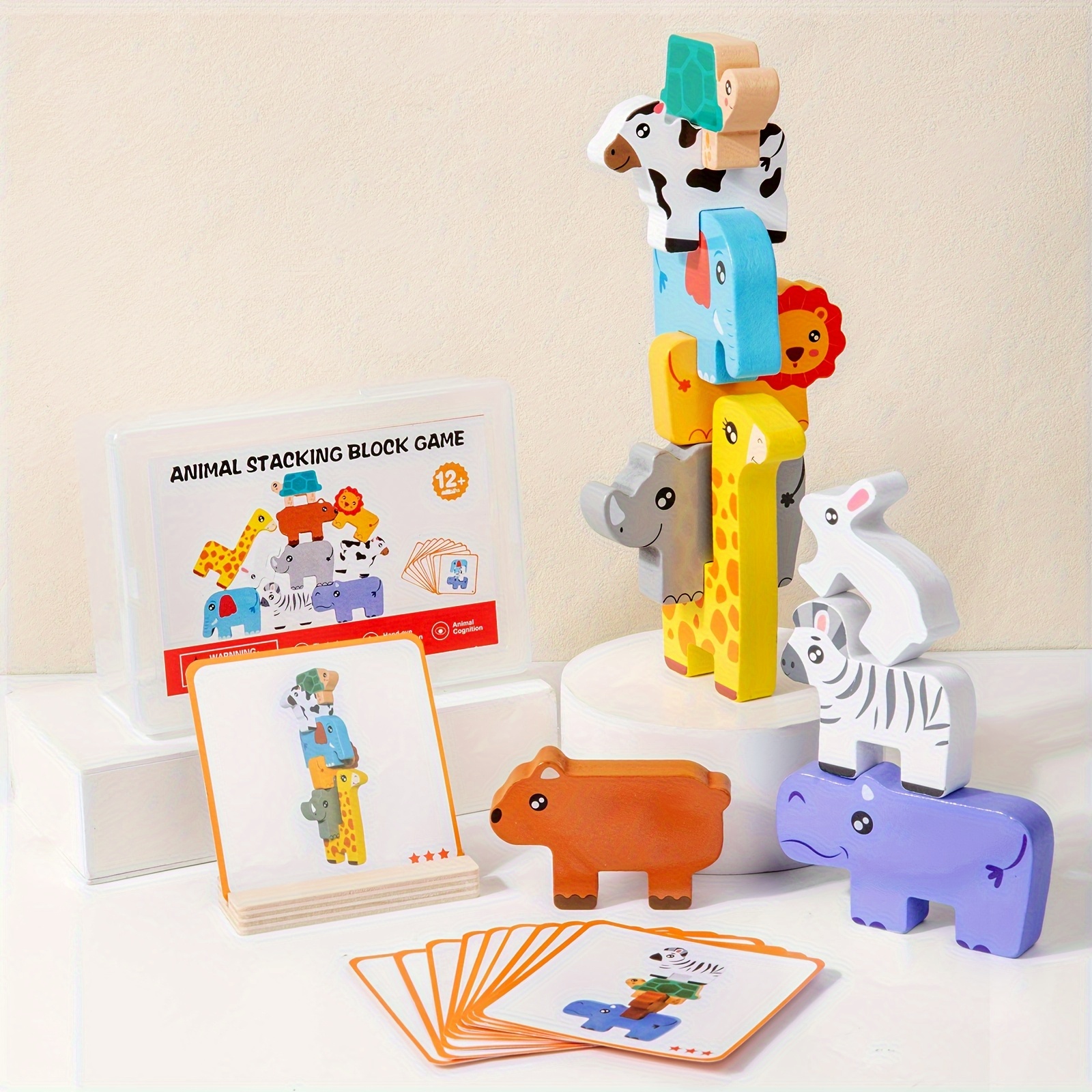 Wooden Animal Sorting & Stacking Blocks Game w/10 Challenge Cards