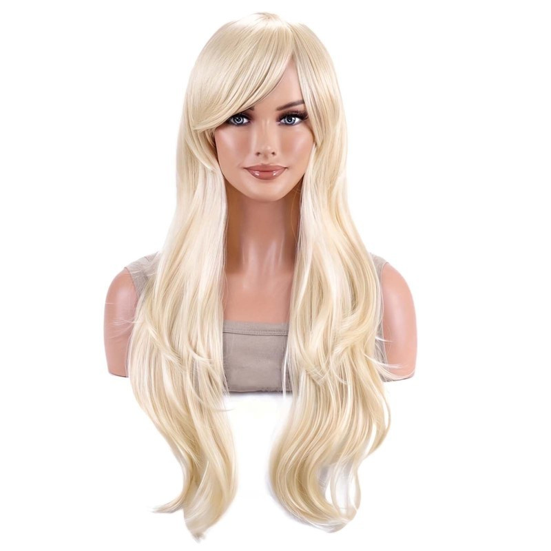 TEMU Elegant Light Blonde Wig With Bangs For Women - Long, Slightly Curly Layered Synthetic Hair, High-temperature Resistant, Cosplay & , Hair Wig