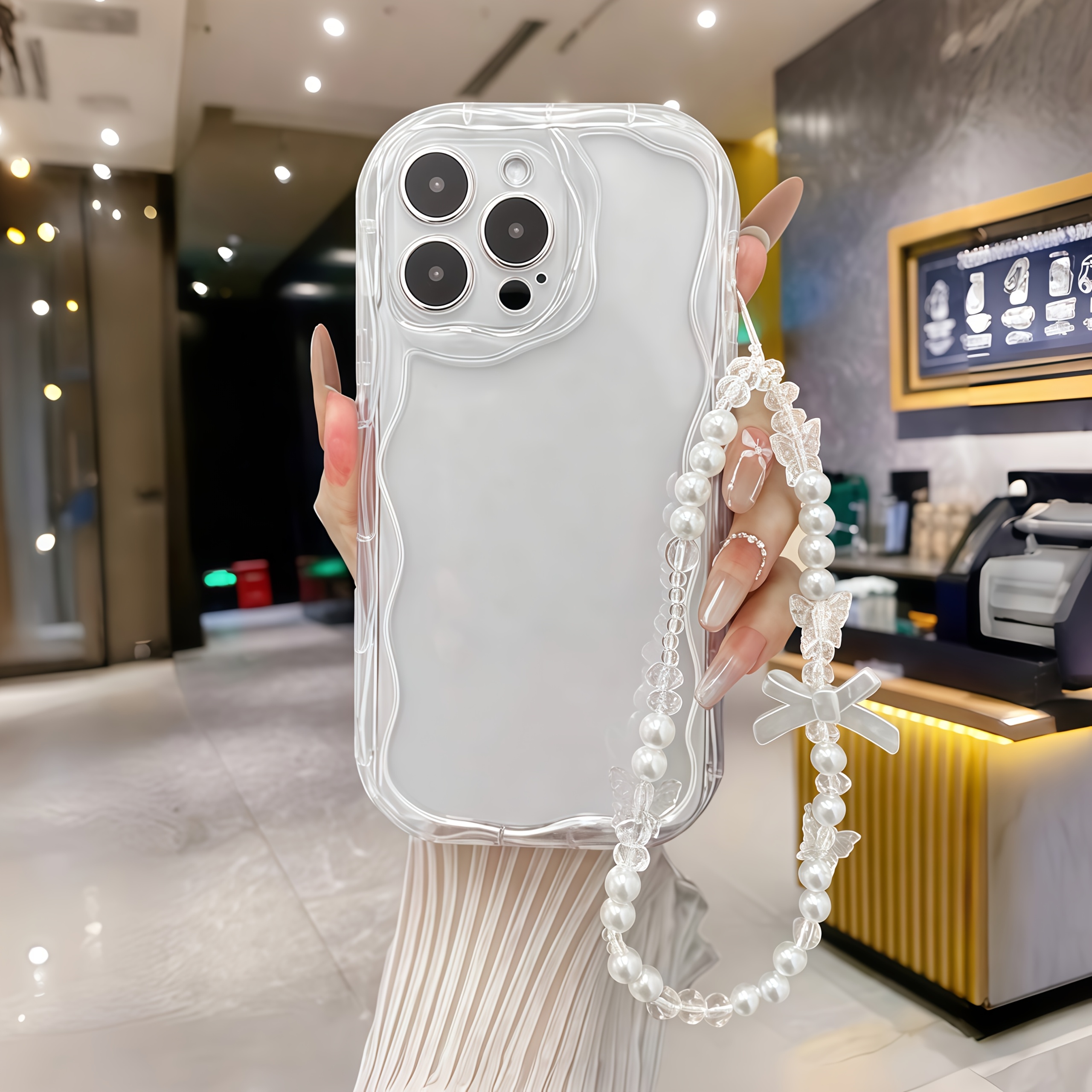 TEMU Phone Case: 1pc Minimalist Transparent Phone Case With Pearl Bracelet, Frosted Full-coverage Drop-proof Phone Case, Suitable For