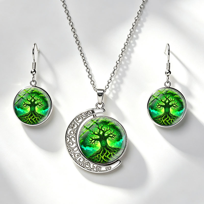 TEMU Ensemble de 3 pièces Bijoux Fantaisie Monde Arbre de Vie : Collier et Boucles d'Oreilles Pendantes Rondes avec en Verre, Unisexe
