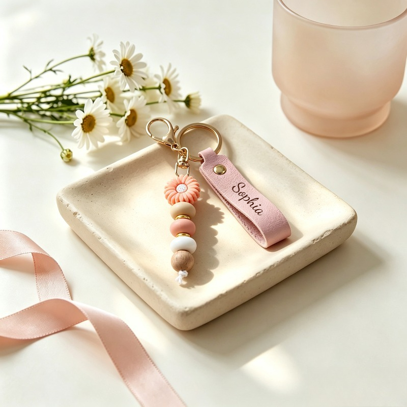 TEMU Diy Personalized Name Keychain, Pu Laser-engraved Small Daisy Beaded Pendant, Custom Name Tag With Key Ring, Personalized Text Laser-engraved Pu
