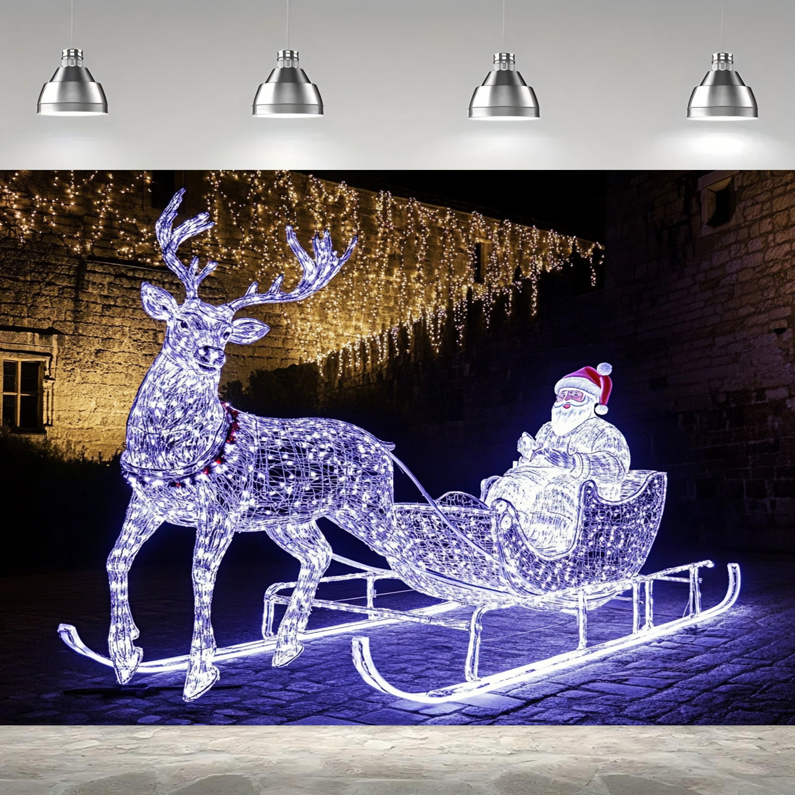 

2d Banner 1pc Bannerwhite-golden Reindeer And Glowing Sleigh Christmas Gifts As The Backdrop. Party Banner