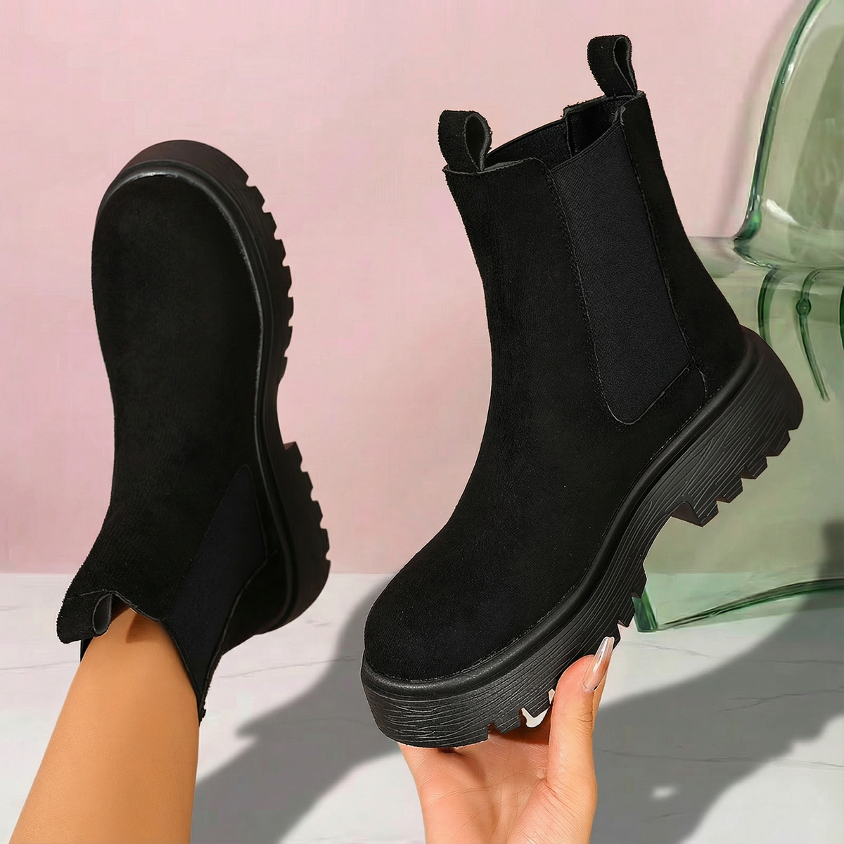 TEMU Office Elegant Style Flat Round Toe Easy Design Women's Ankle Boots Winter, Winter Meeting Daily Item, Matching Solid Color Suit Skirt Outfit