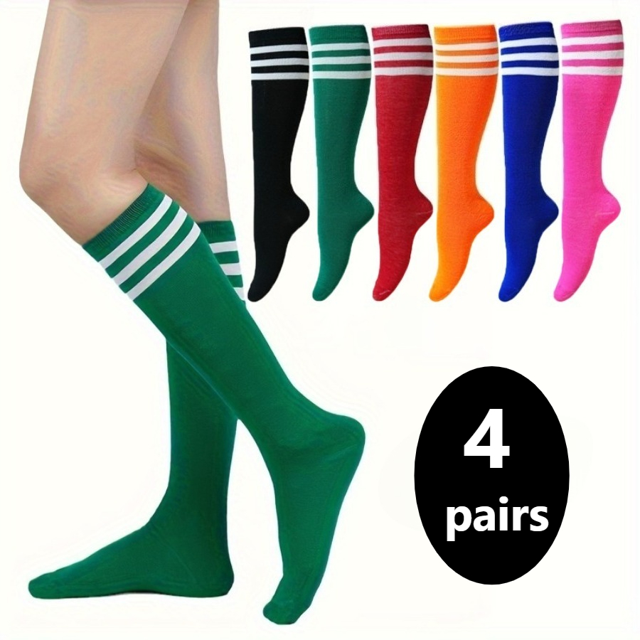 TEMU Lot de 4 paires de chaussettes à rayures, chaussettes hautes de style athlétique, collants pour femme, chaussettes montantes à rayures blanches,