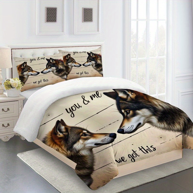 3pcs wild wolf couple printed bedding romantic quote design duvet  , rustic country style bedroom decor, soft microfiber quilt for master   home, beige brown   duvet  +2 pillowcases, home decoration, cozy bedroom, romantic design, couple theme, durable fabric,   bedding, pillowcase set, printed bedding set,   enthusiasts, couples gift Product details 2
