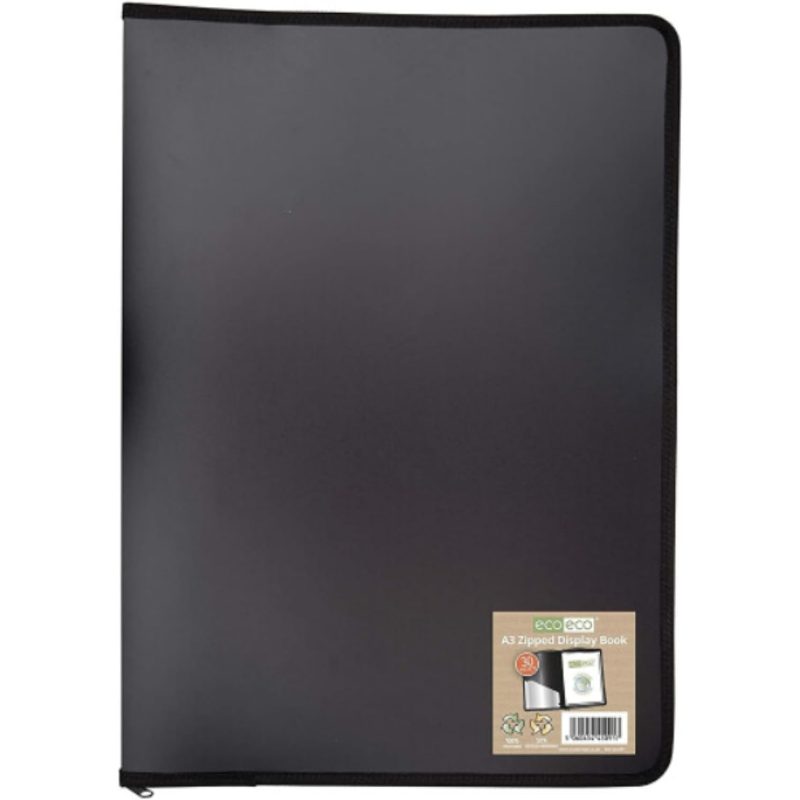 item picture   a3 50 recycled 30 pocket black zipped presentation display book file folder artwork portfolio with plastic sleeves eco091
