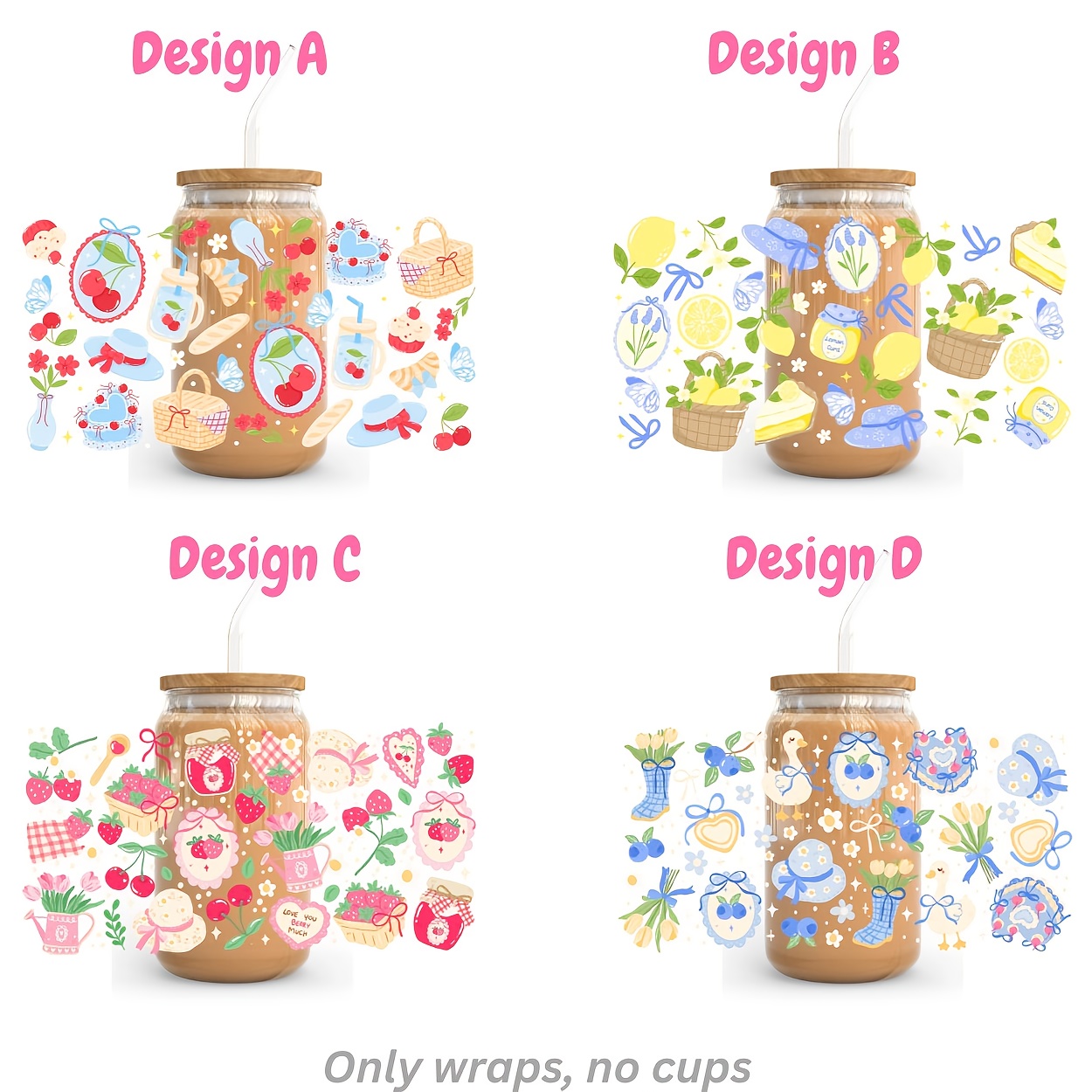 TEMU 4pcs Vintage Style Cherry Lemon Blueberry Picnic Farmhouse Uv Dtf, Suitable For 16-ounce Glass Jars, Charming Country Style Fruit And Dtf Cup