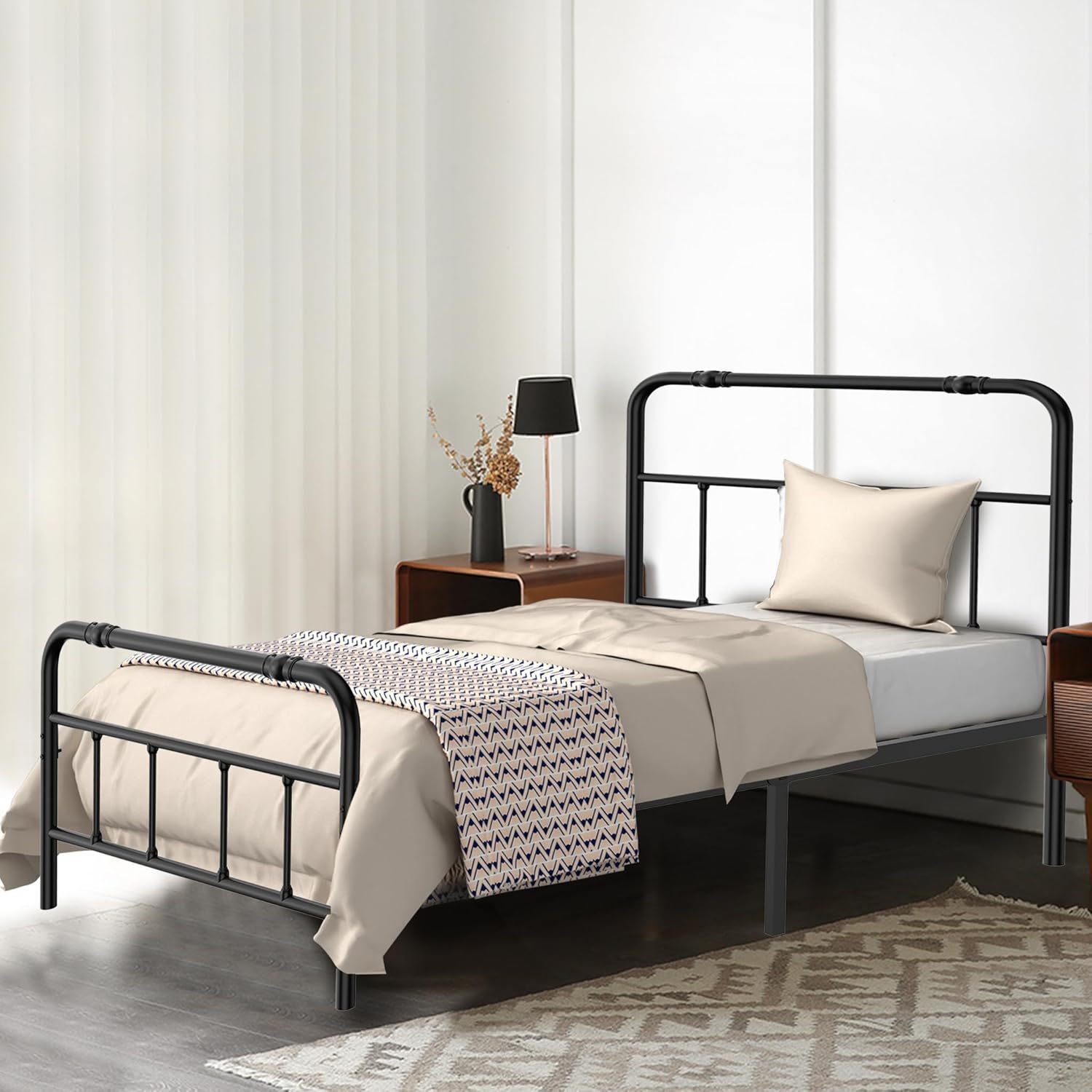 TEMU Bed Frame Bed With Metal Backrests Bed Frame With Slatted Frame, Metal Bed For Bedroom