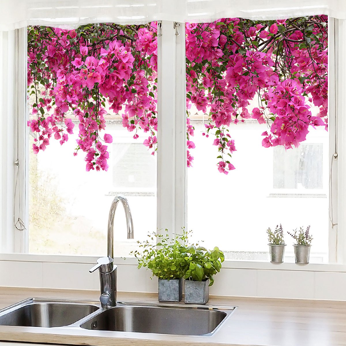 TEMU 2d Flat - 2d Flat Watercolor-style Drooping Bougainvillea Electrostatic Glass Sticker, With Blooming Magenta Flower Branches Elements, Romantic