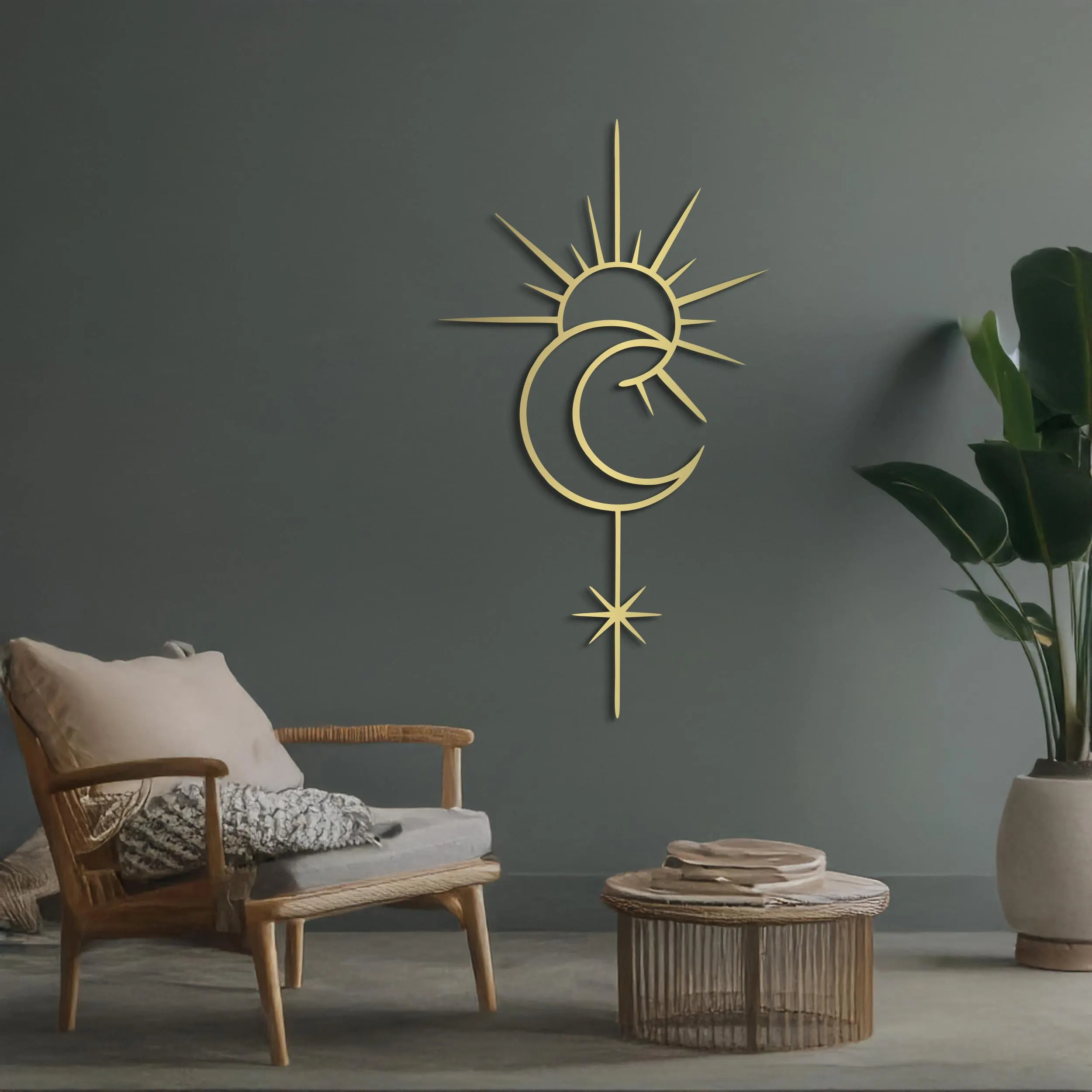 TEMU Art mural métallique mystique Soleil Lune Étoile Sculpture 3D Bohème Moderne à suspendre pour salon Chambre ou espace de méditation Décoration