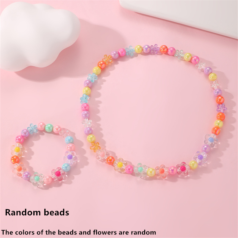 TEMU 2pcs Colorful 5-petal Flower Bead Necklace Bracelet Set Girls' Fashion Jewelry Accessory Gift For Girls