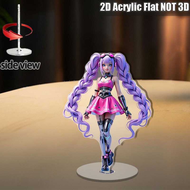 TEMU 2D Flat - 2D Ebene, . 360 Grad Anime Mädchen Figur ° Drehbare Basis - Rosa Kleid, Lila Zöpfe und Silberne Stiefel - Elegante Moderne Display