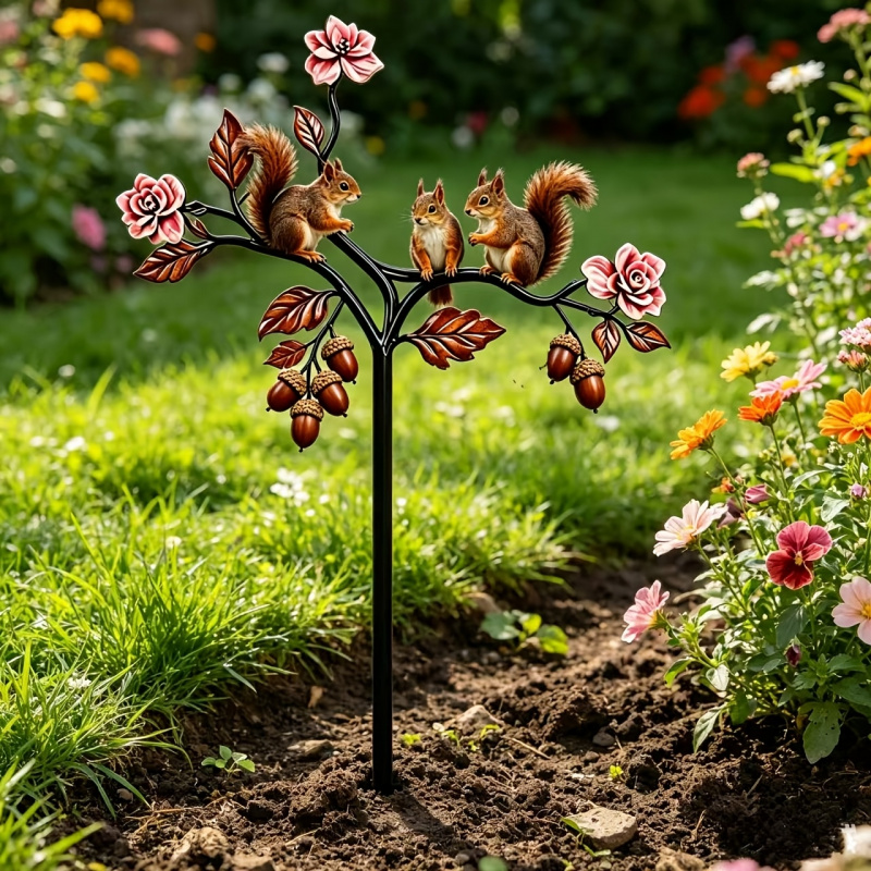 TEMU 2d Flat - 【2d Flat】 2d Flat - [2d Flat] 2d Flat - [2d Flat] 1pc Squirrel And Plant Shaped Garden Stakes, Creative Squirrel Theme Flower Pot