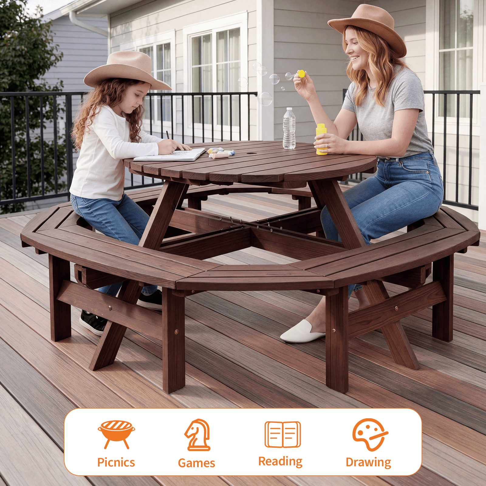 8-Person Round Wooden Picnic Table with Umbrella Hole, Wood Outdoor Dining Set with 4 Built-In Benches for Garden, Patio And Backyard