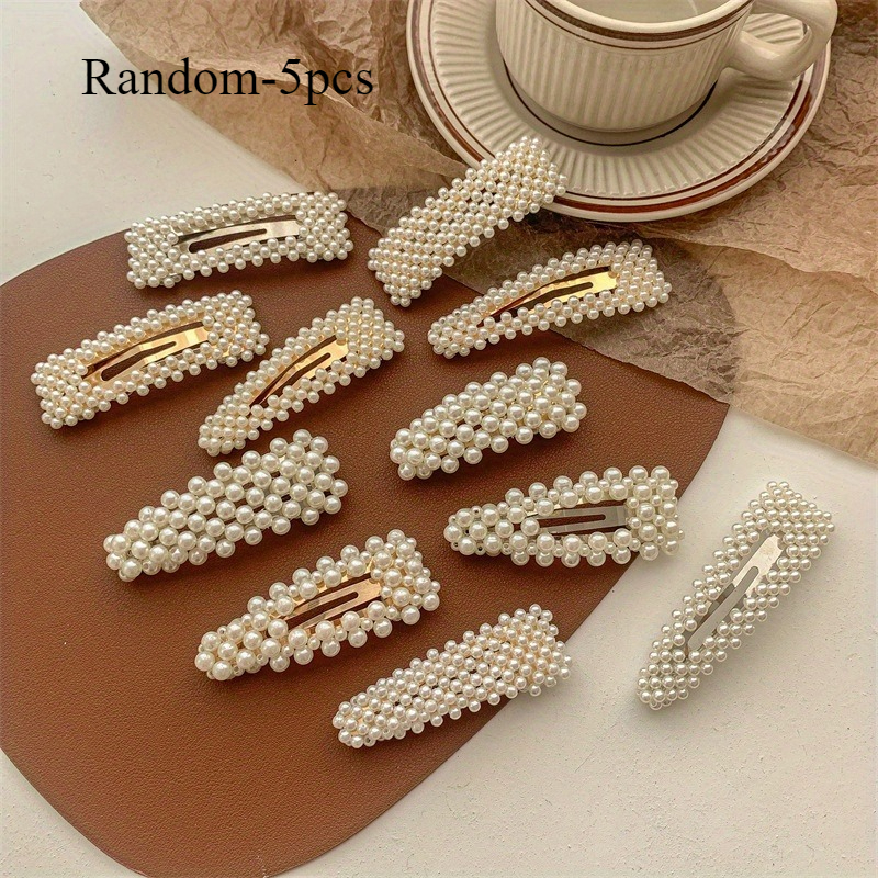 TEMU Set de 5 hermosas pinzas para el cabello con de perlas - Soportes chic para flequillo lateral, perfectas para recogidos de moda para mujer, y