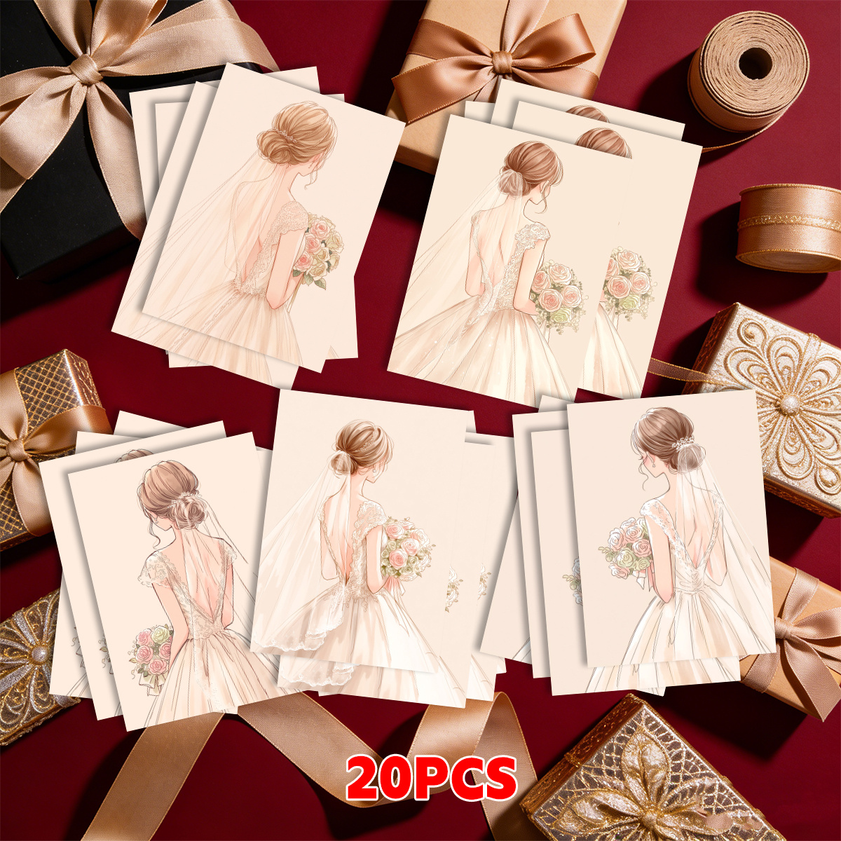 TEMU 20 Cartes de vœux de mariage, Cartes de vœux , Cartes de souhaits de mariage, Robes de mariée, Illustrations, Bouquets, , Design arrière élégant