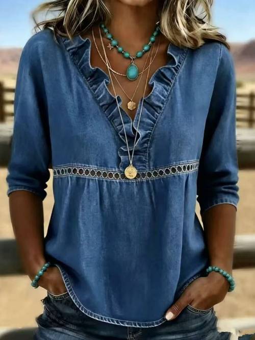 item picture new womens v neck hollow out denim top loose and comfortable