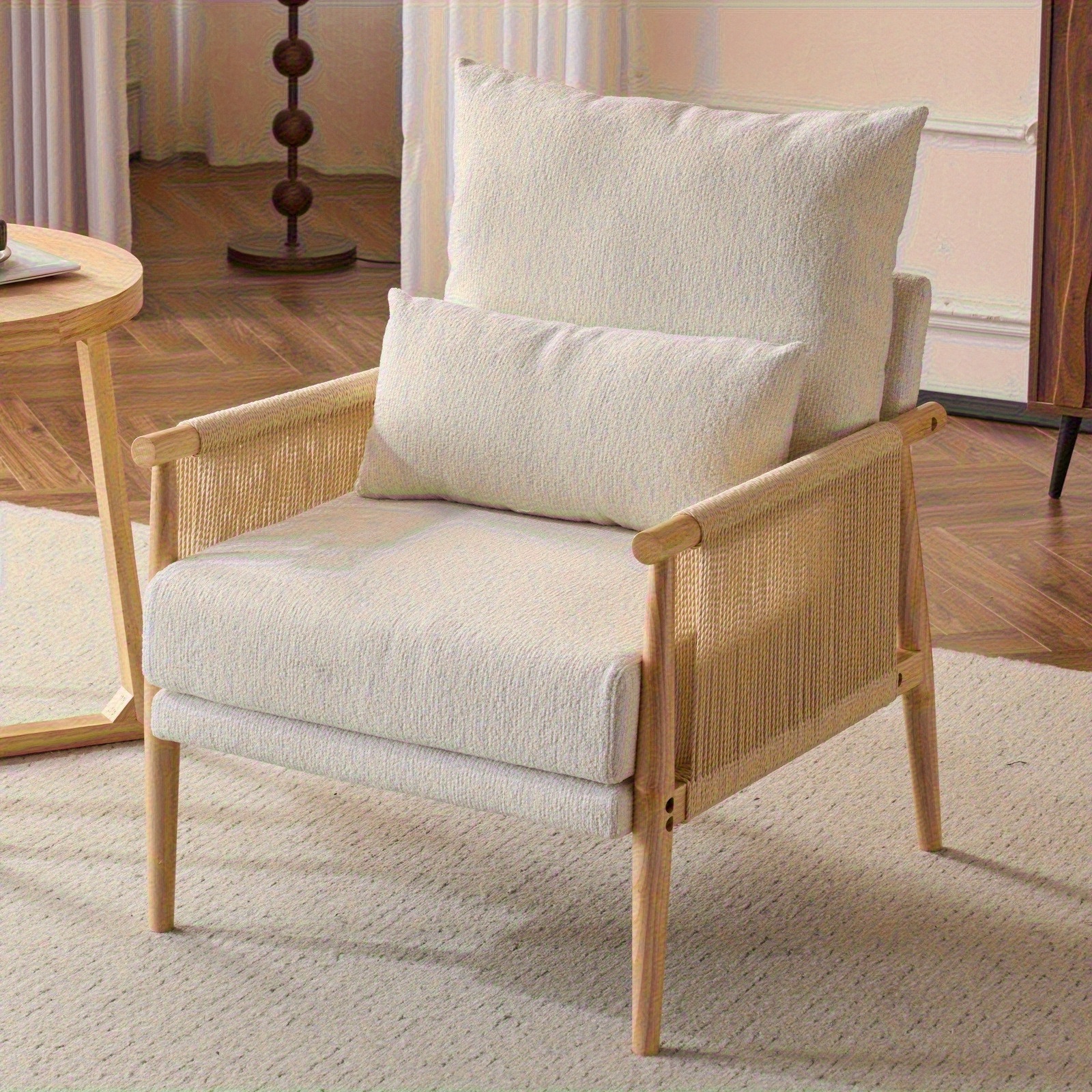 TEMU Comfy Braided Lounge Chair, Mid-century Accent Chair, Modern Armchair With Natural Oak Armrests And Support Pillow For Living Room, Bedroom,