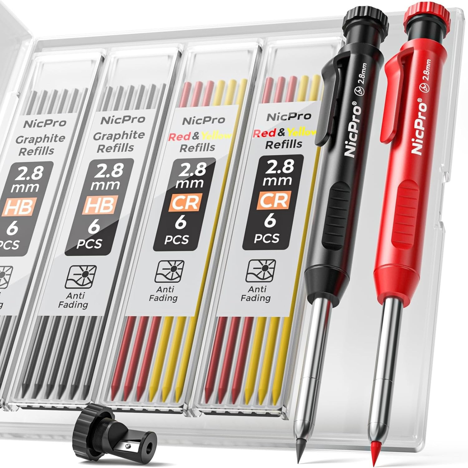 TEMU 1 Set Mechanical Pencils With 2pcs Carpenter Pencil & 1pc Sharpener, With 4 Tube Refills, Deep Hole Marker For Construction, Heavy Duty