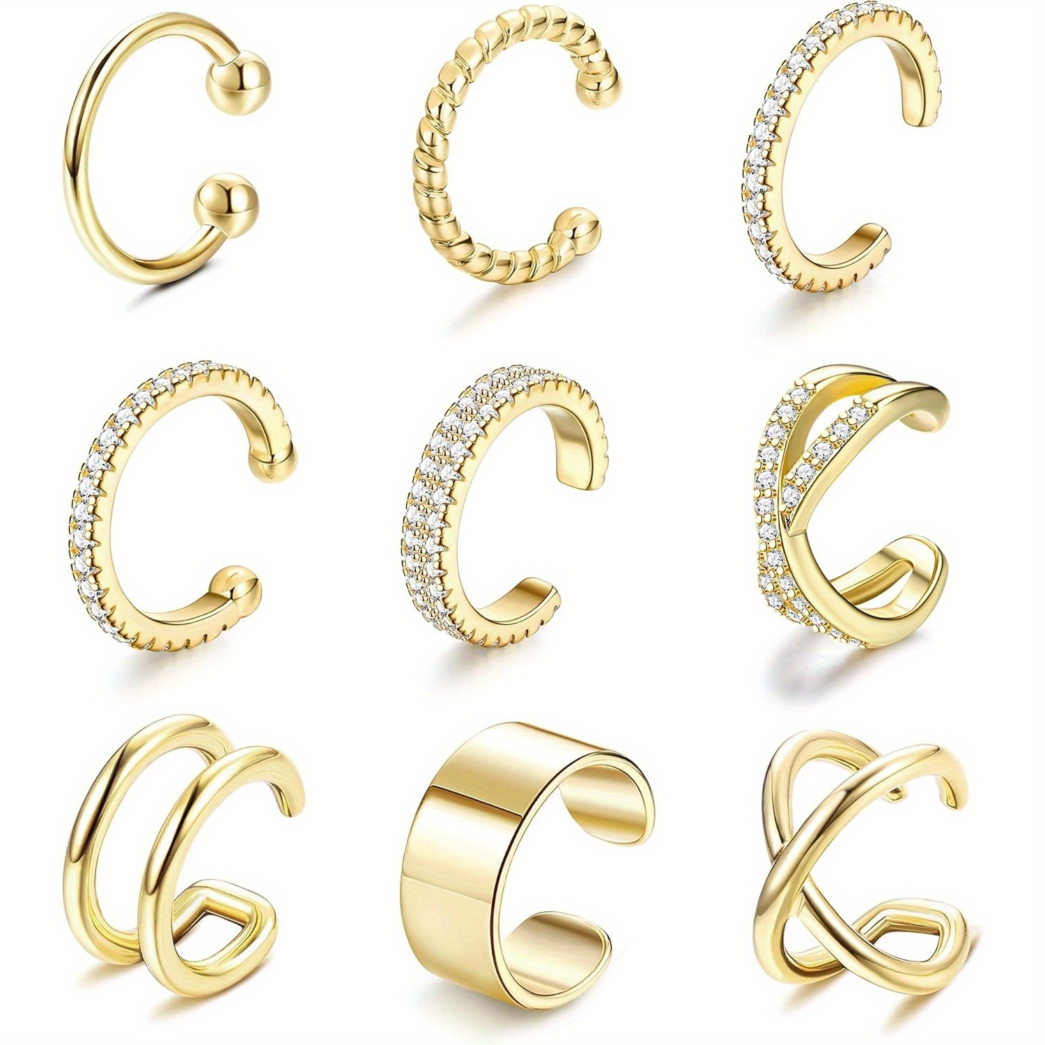 Image of Set Of 9 Ear Cuffs For Women, Featuring Non-piercing Design, Plating. Clip-on Cartilage Earrings Are Adjustable And Serve As Earrings