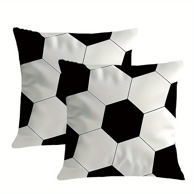 2-pack Soccer-themed Cushion Pillows: Black & White Hexagonal Polyester Pillowcase - Wrinkle-, Fade-, Suitable For , Printed On , Pillow Core Not Included