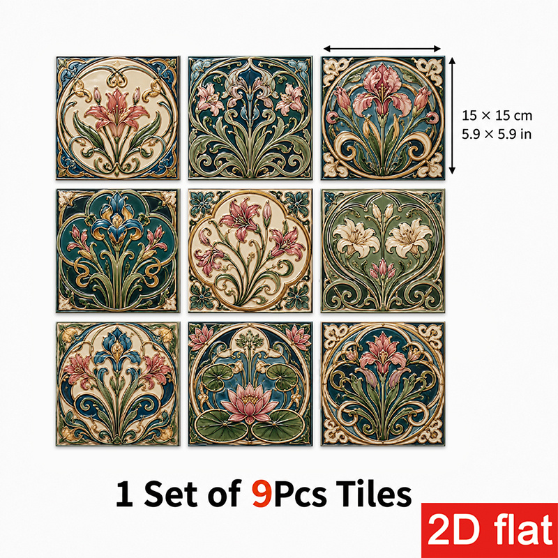 TEMU 2d Flat 9pcs 15x15cm (5.9x5.9in) Slate Tile Stickers Premium - Floral Pattern Peel And Stick Wall Tiles For Kitchen Backsplash, Bathroom, Living