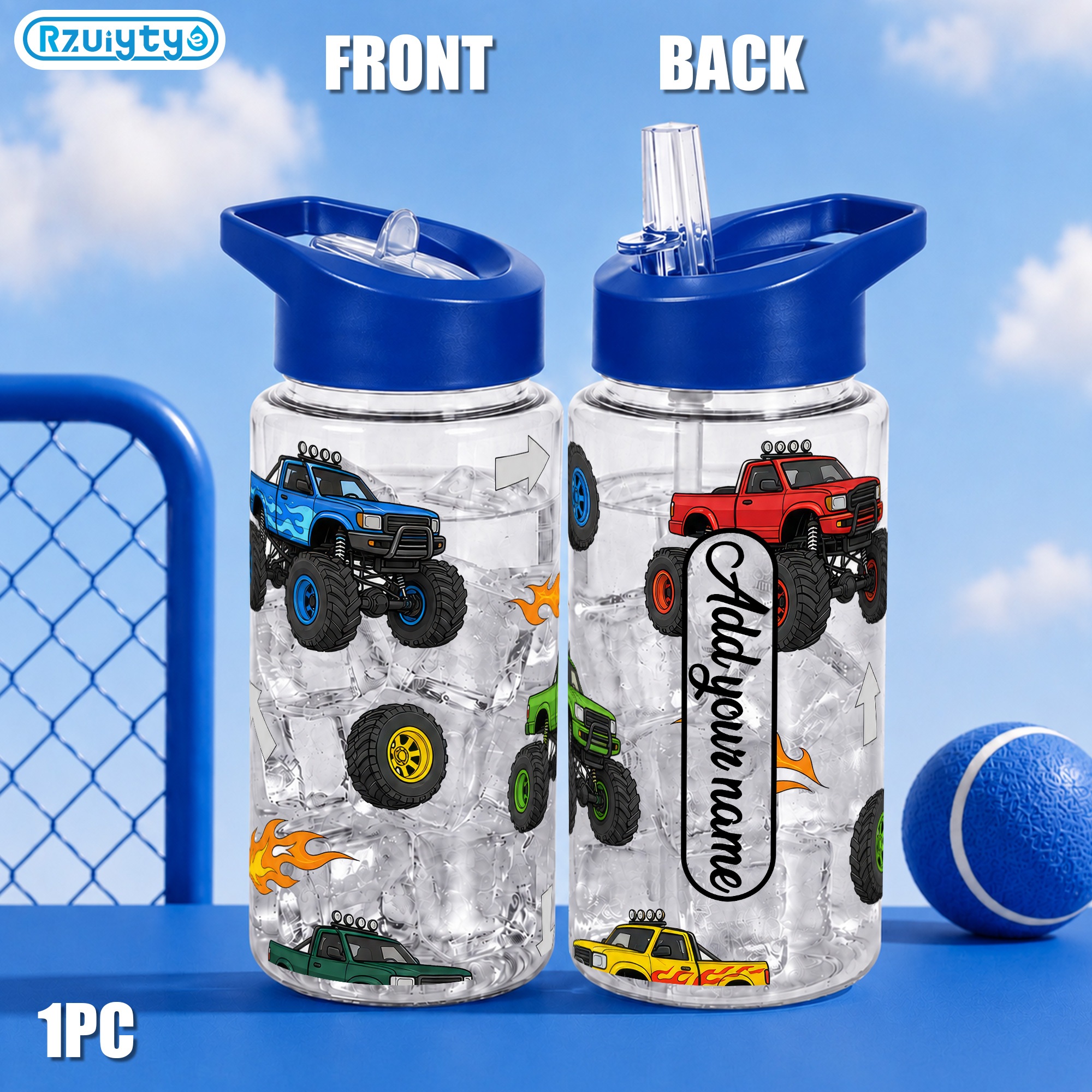 TEMU 1 Personalized 16 Oz/480 Ml Water Bottle Featuring A For Monster Truck Design, Complete With A Custom Name, A Leakproof Lid, A Portable Handle,