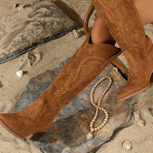 womens western cowboy boots retro embroidered knee high heel boots for casual wear women shoes