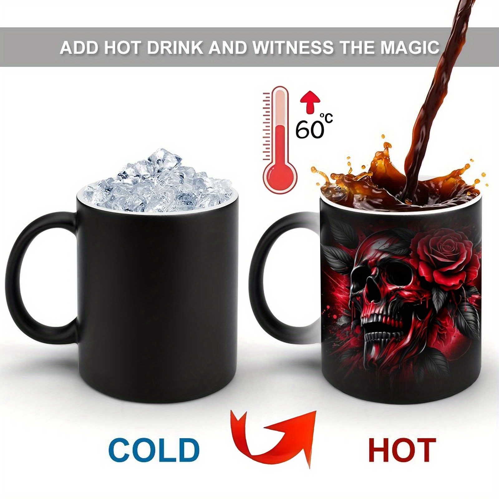 TEMU 1pc Gothic & Red Roses Ceramic Coffee Mug - 11oz Color-changing Cup With Heat-activated Design, Black With Vibrant Red Roses & Intricate Art,
