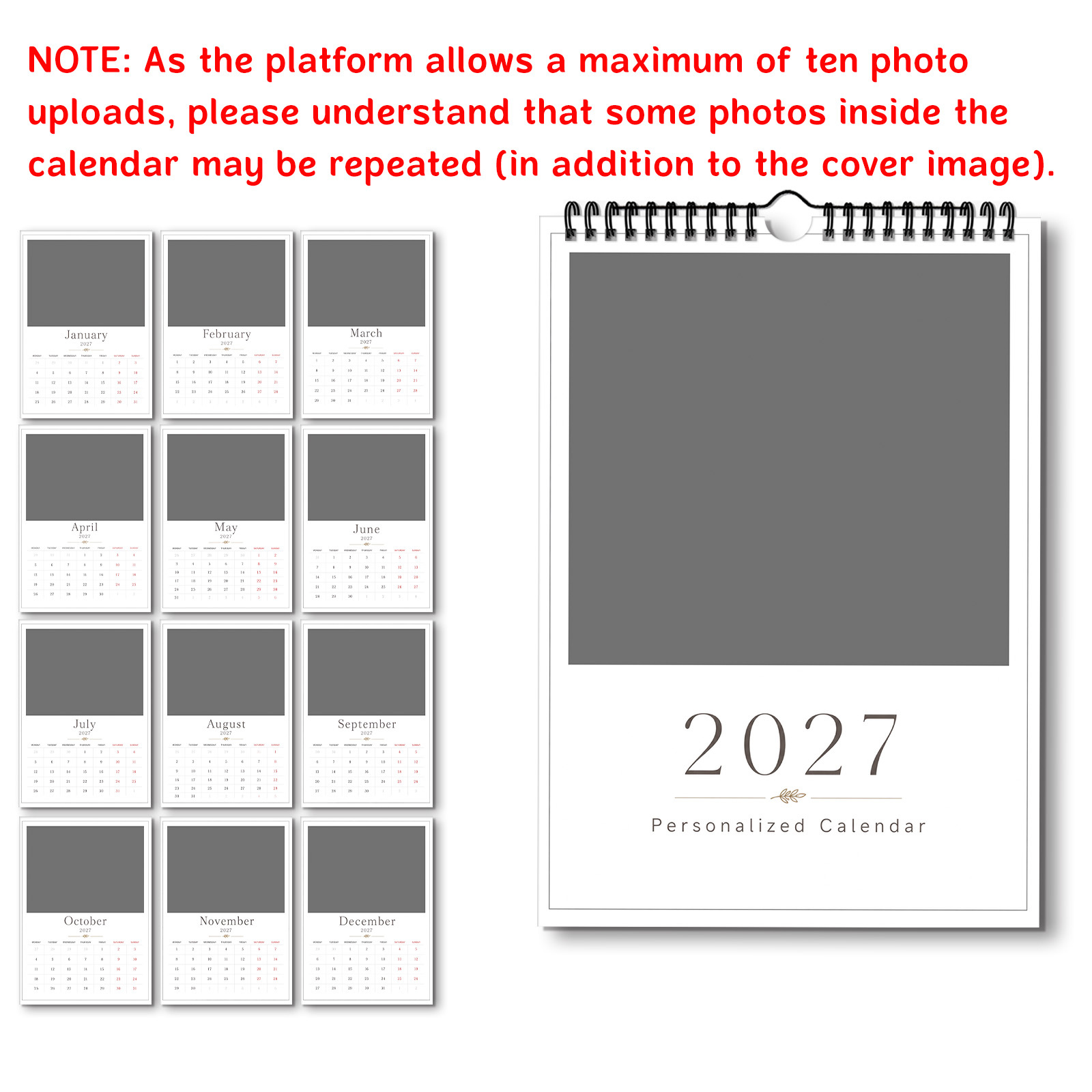 TEMU 1pc Calendrier mural personnalisé 2027, Calendrier à suspendre avec thème de - air et téléchargement de photos, de crochet à suspendre à spirale