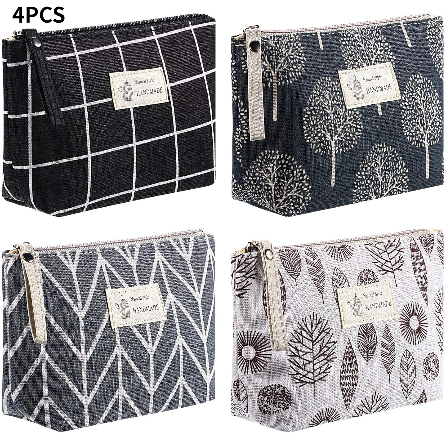 

4pcs Canvas Cosmetic Bag Set - Stylish Printed Makeup Pouches With Zipper, Multi-functional Travel Toiletry Bags For Women & Girls