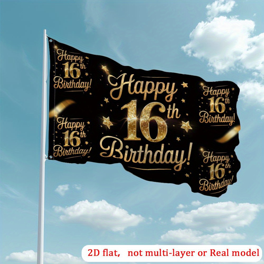 TEMU 2d Flat, 2d Printing Garden Flag, Golden Birthday Flag - Durable Polyester Lawn Flag With "happy 16th Birthday!" Design, Black Background With
