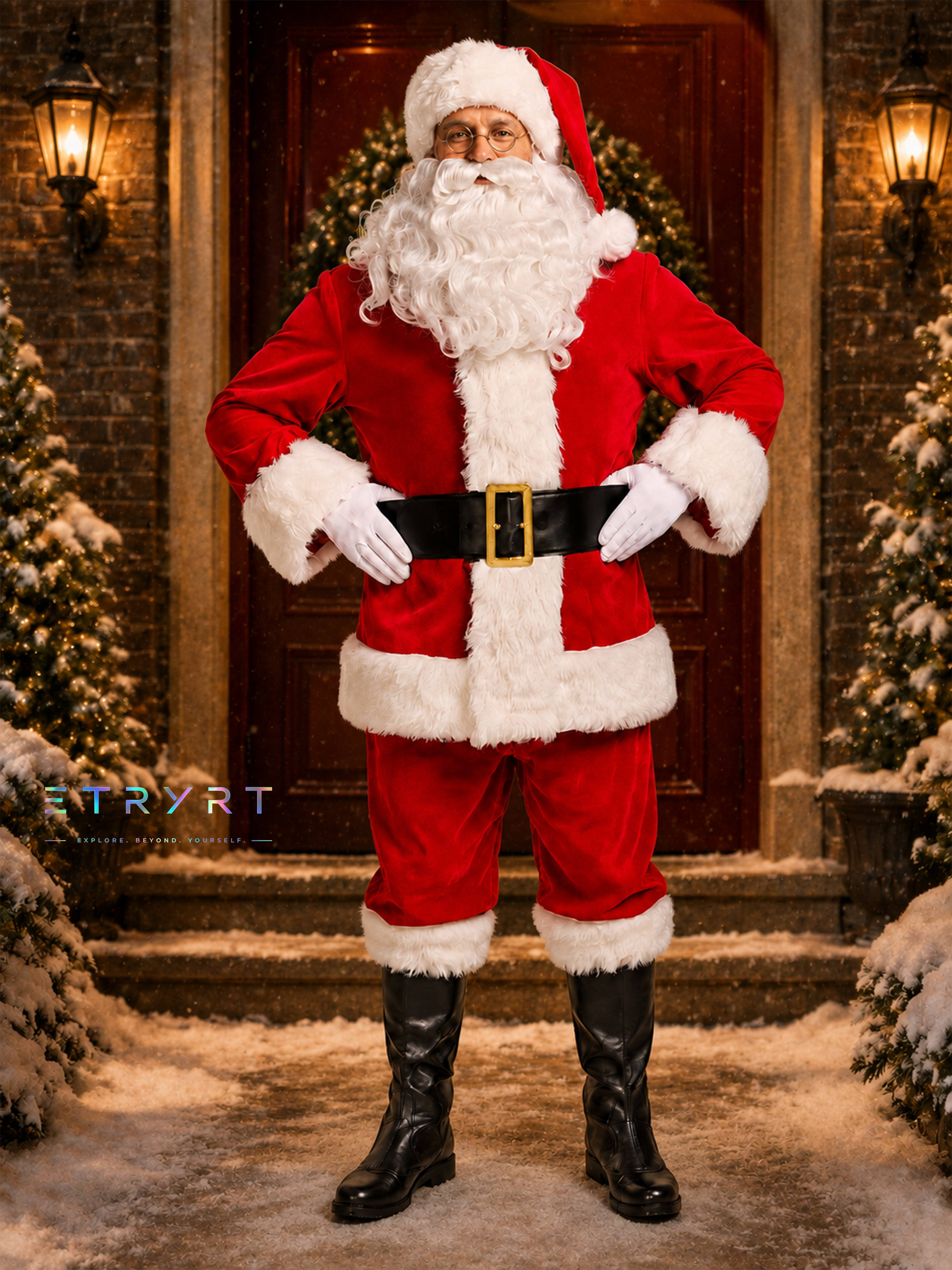 7pcs Men * Santa Claus Costume Set, Red Velvet Santa Suit with Beard Hat Gloves Belt Boot Covers, Christmas Fancy Dress (Including: Christmas Hat, Coat, Trousers, Beard, Shoe Covers, Belt, And 