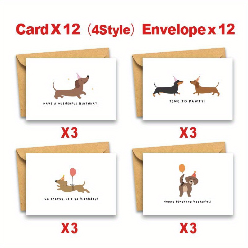 Image of A Set Of 24 Birthday Greeting Cards Featuring Dachshunds, Complete With Envelopes, Perfect For Inviting Family, , And Colleagues To Birthday Celebrations