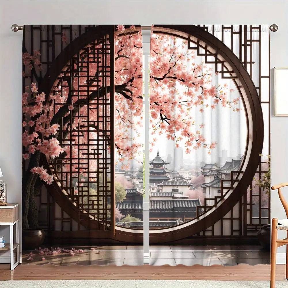 TEMU Lot de 2 rideaux à motif de cerisier japonais et de bâtiment traditionnel en bois - Panneaux de rideaux ronds semi-transparents avec