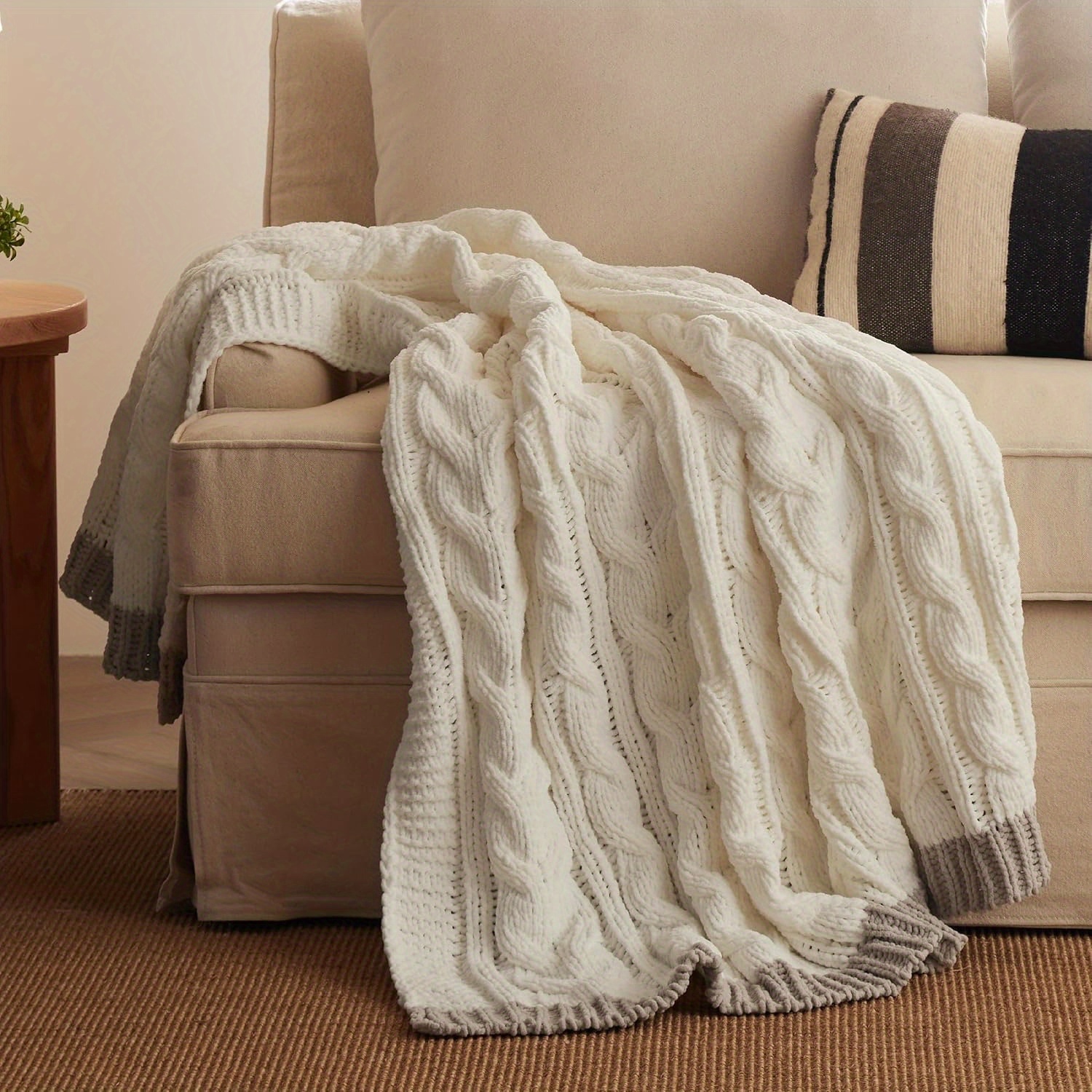 

Cozy Chenille Cable Knit Throw Blanket - Soft, Warm & Plush For Couch Or Bed, Vintage White