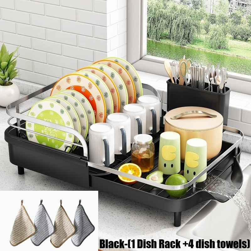 TEMU Set de 5 pièces égouttoir à vaisselle (1 égouttoir + 4 torchons 30*30 cm) - Égouttoir extensible pour plan de travail de cuisine, égouttoir à