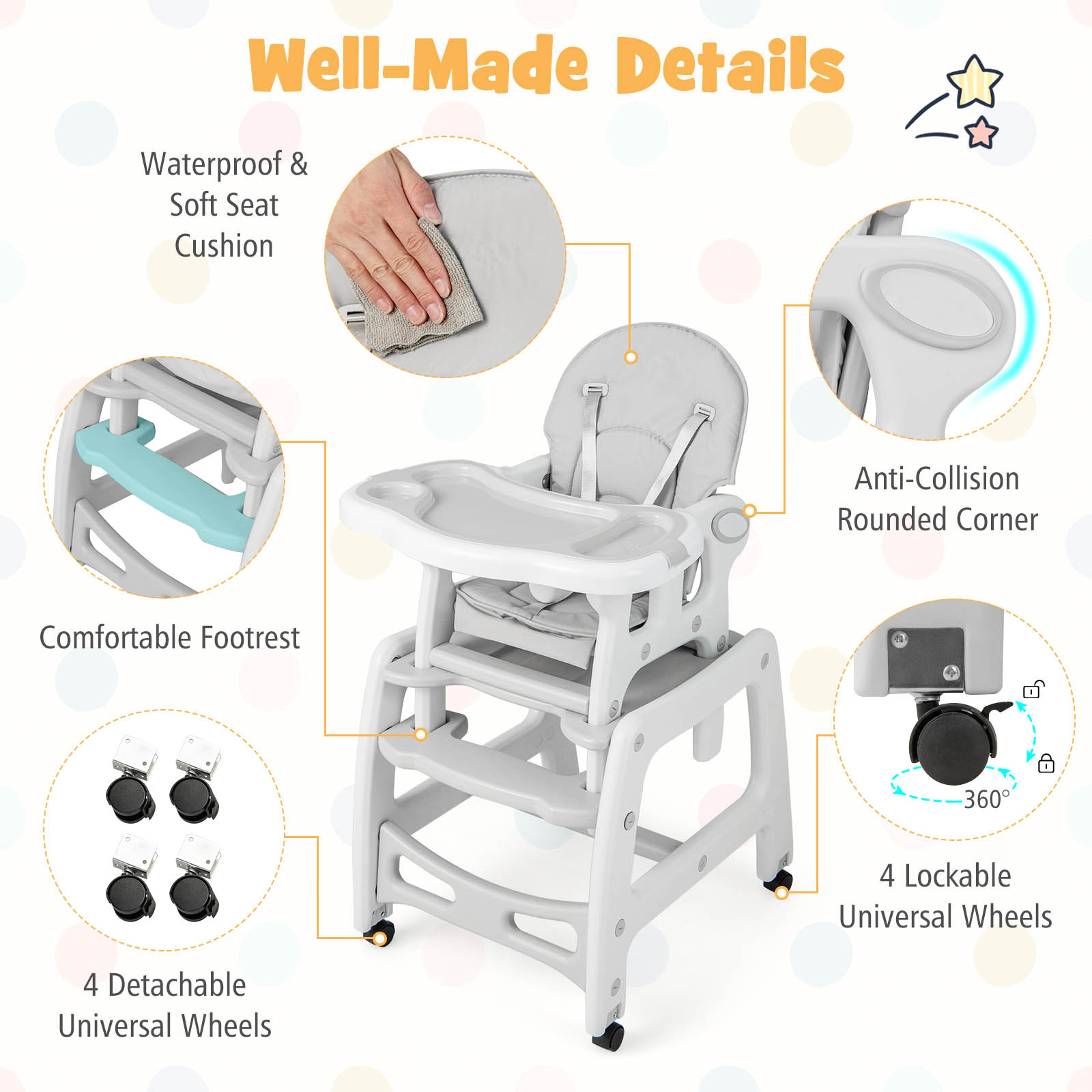 LIFEZEAL 3-in-1 Convertible Feeding Rocking Chair High Chair Table Set, Heavy-Duty 300lb Capacity with Booster Seat & Removable Tray, Adjustable Height, 5-Point Harness, Foldable Design, 360° Swivel, Safety Lock & Non-Slip Base, BPA-Free - Image 7