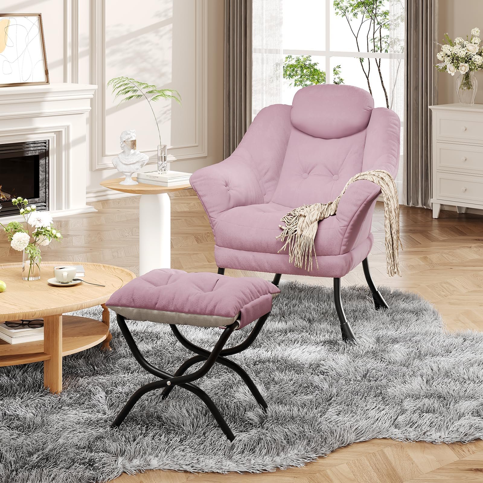 Image of Chair With Ottoman Footrest, 400lbs Heavy Duty Lazy Armchair With Side Storage Pocket, Ergonomic Reading Chair With Armrests For Bedroom Living Room, Foldable Accent Sofa Seat