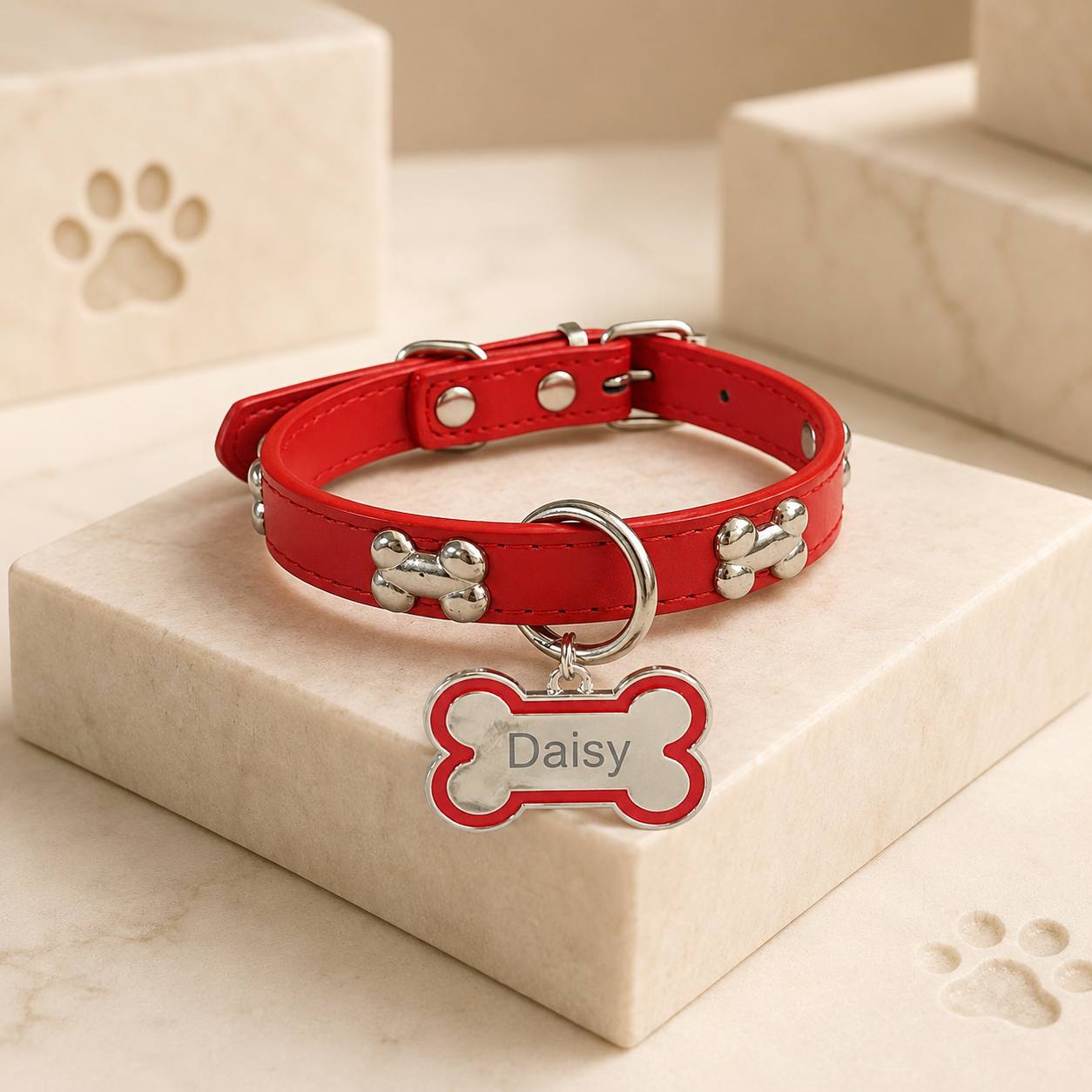 TEMU Engravable Bone Dog Tag With Dog Collar, Decorated With Metal Bone Rivets And Adjustable Faux Leather Pet Collar, Personalized Anti-lost Small