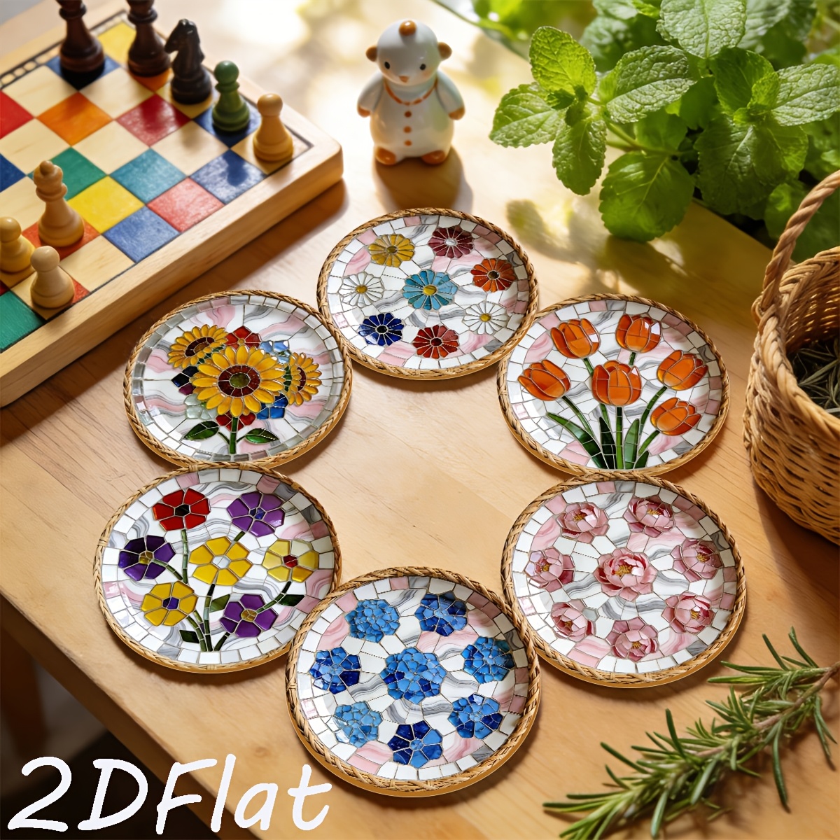 TEMU 6pcs Wooden Round Coasters Set, Creative Mosaic Pattern Coasters, Heat-resistant And Non-slip Coasters For Home Dining Table, Coffee Cups, And