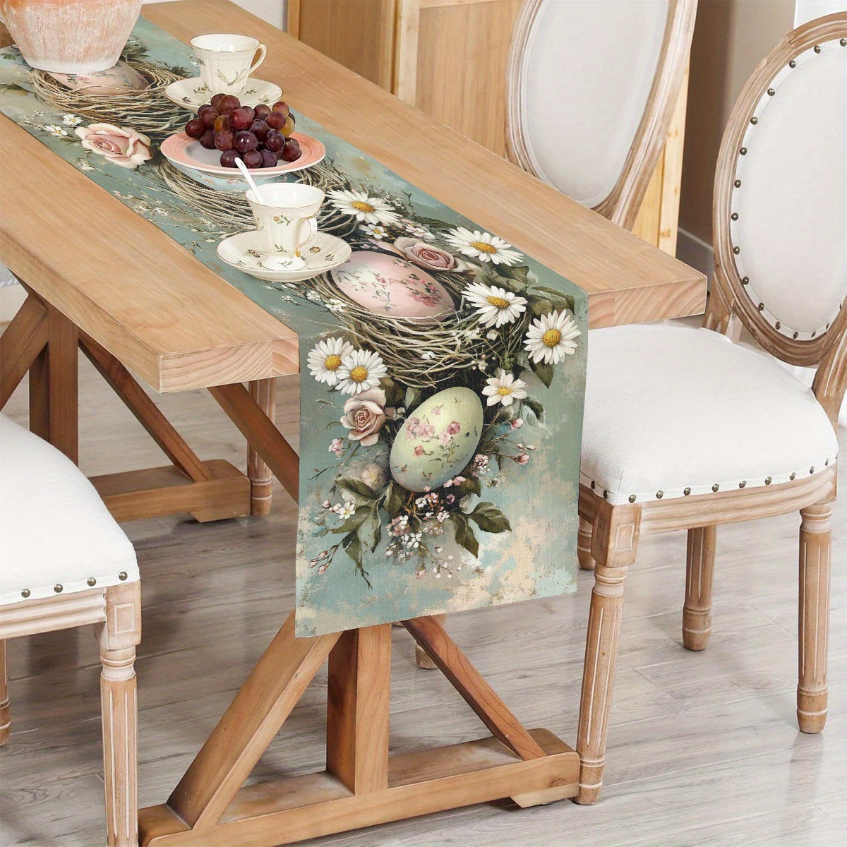 TEMU 1pc 2d Flat Easter Table Runner, Featuring Warm Easter Eggs And Bird Nests, With Daisies And Green Leaves, Perfectly Suitable For Living Room