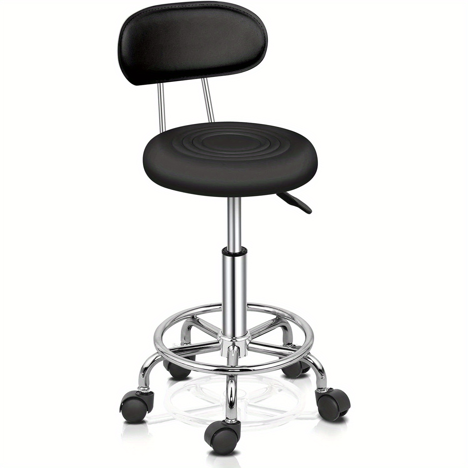 Bonnlo Professional Rolling Stool With Backrest, 360 Degree Rotating Office Stool With Adjustable Height 48-58 Cm, Pu Cover, For Massage Salon, Manicure And Office (white)