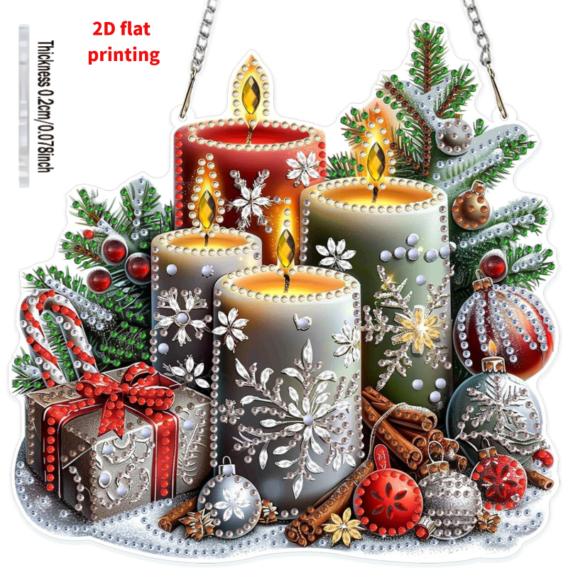 Image of 2d Flat Printing Christmas Diamond Painting Kit Pendant, Chain Included Christmas Candle , Adult Use, Painting, Wall Decor Craft Set