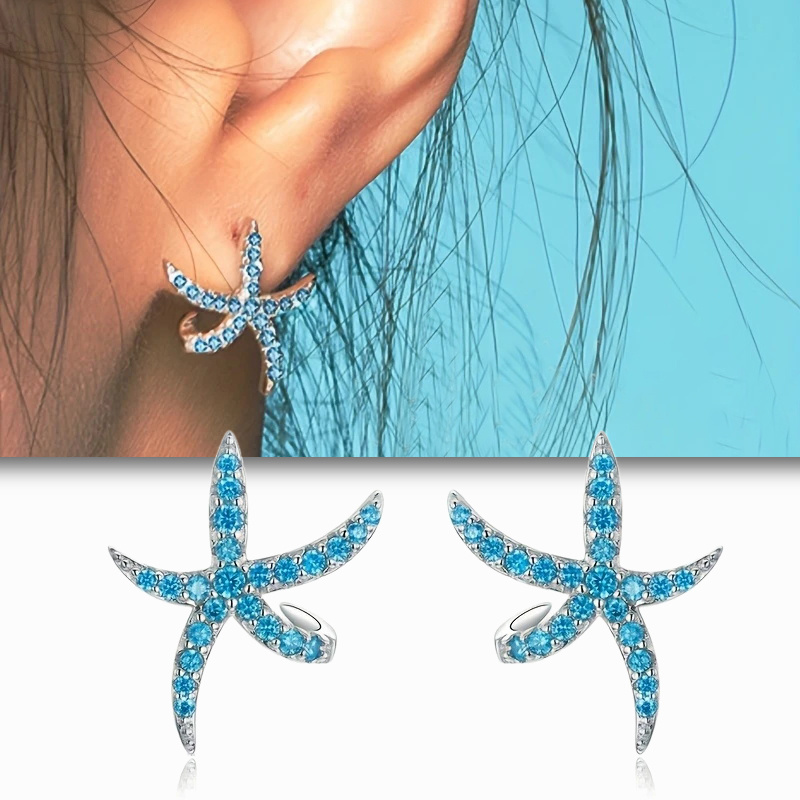 E-shop 1 Paar Exquisite Eingefasste Meerblaue Synthetische Zirkonia-Sternohrringe – Niedliche Strand-Sternfisch-Ohrstecker für Frauen – Tägliche,