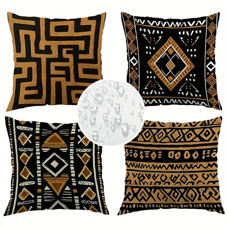 4pcs african tribal print decorative pillow covers double sided polyester with zipper closure machine washable indoor outdoor sofa bed couch pillowcases black golden geometric patterns no insert couch pillow covers Product details 4