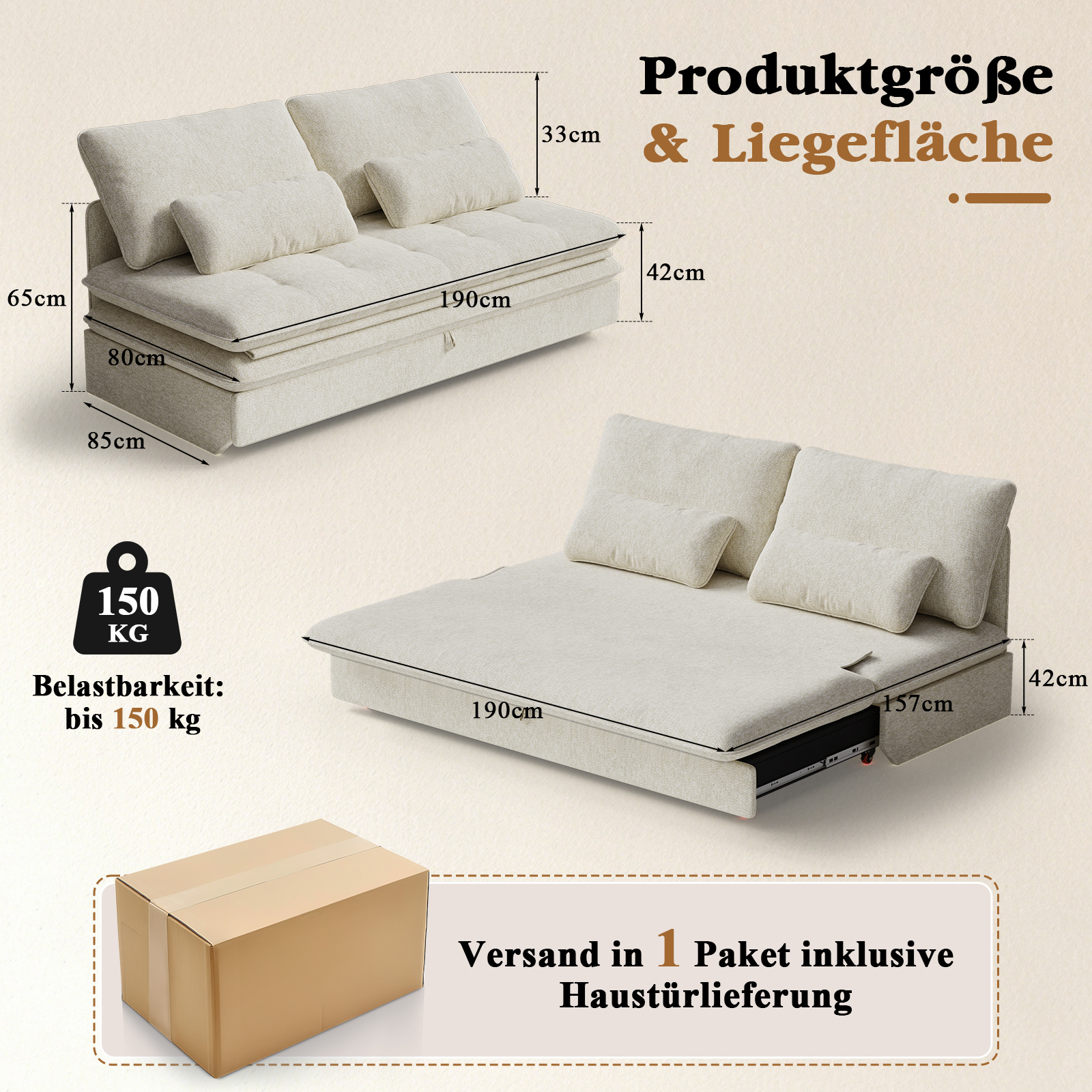 Devoko Sofa Bed 190 X 157 Pull-out Sofa Bed With Storage Compartment Small 2-seater Chenille Sofa Fold-out Sofa Bed Sofa With Storage Space For Flats And Living Rooms, Beige