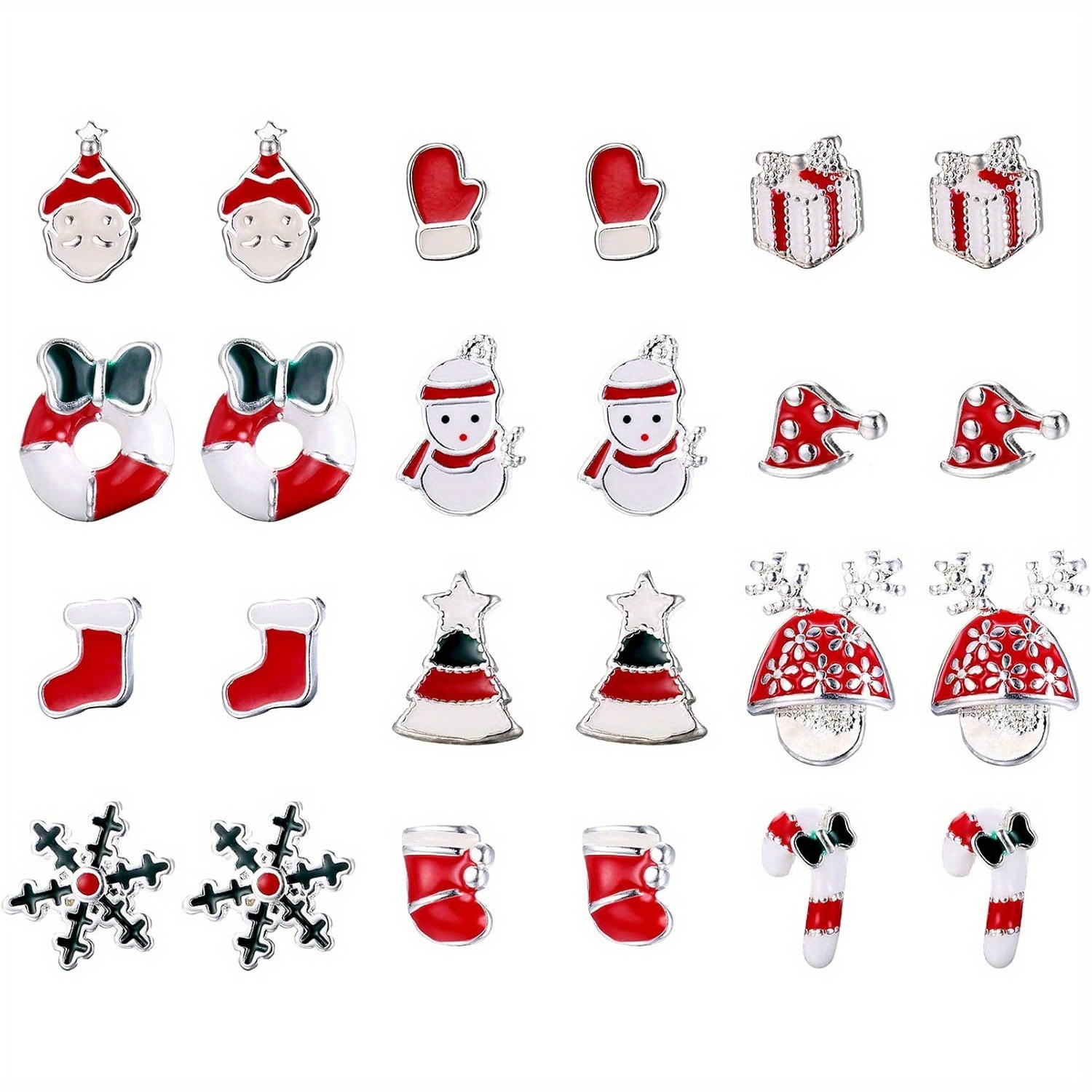 E-shop 12 Paar Edelstahl Weihnachts-Ohrstecker für Damen – Niedliche Festliche Ohrringe mit Santa, , Schneemann, Zuckerstange – Geschenkset für