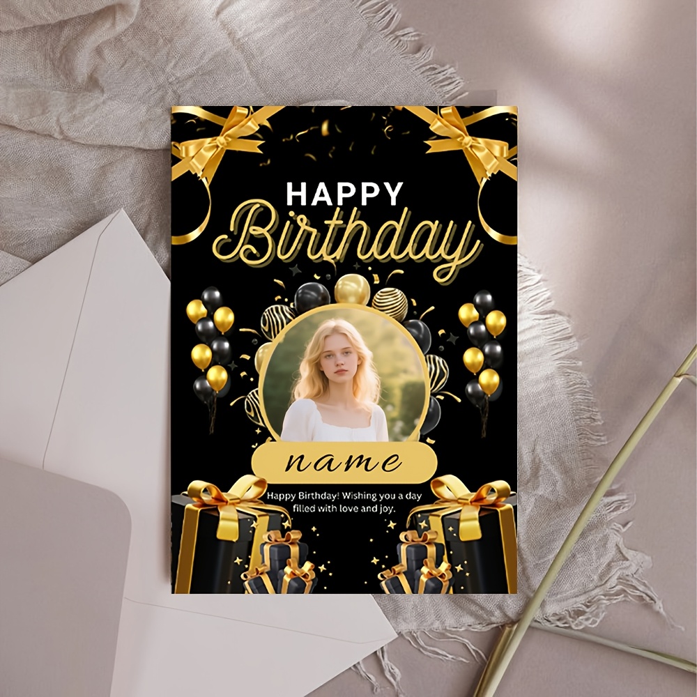 TEMU Carte de vœux d'anniversaire personnalisable 1pc - Design ballon noir et doré, avec insertion de photo personnalisée, carte de vœux et pour