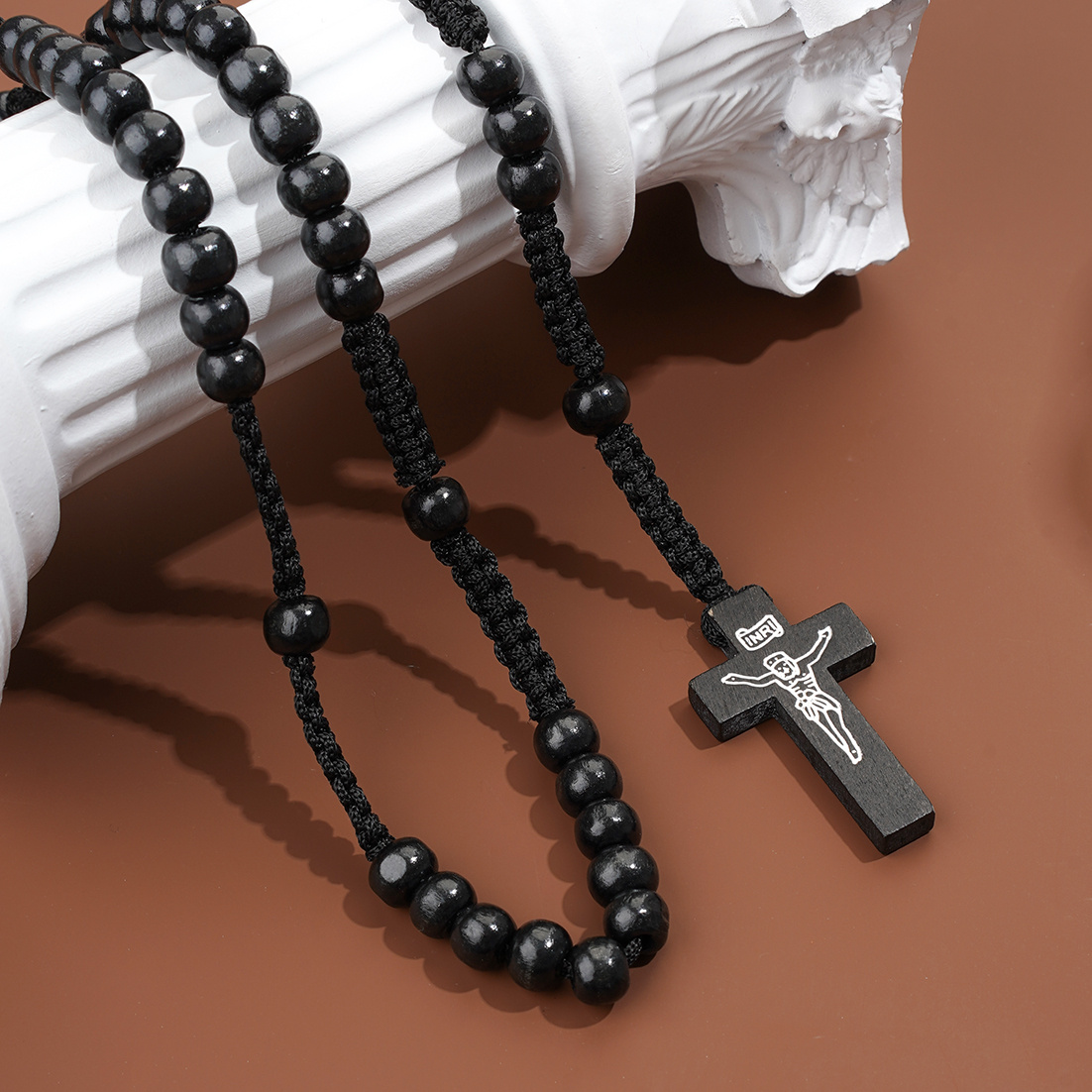 10mm Wooden Bead Prayer Rosary with Jesus Cross Pendant